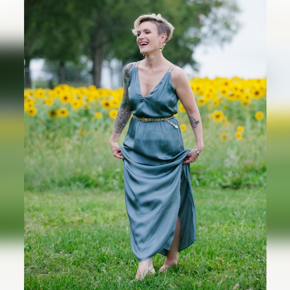 Elegant Grey/Blue Satin Dress